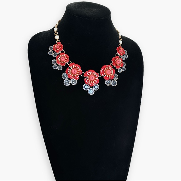 TALBOTS | Bold Red & Blue Flower Blossoms & Crystal Statement Necklace | NWOT - Picture 6 of 9